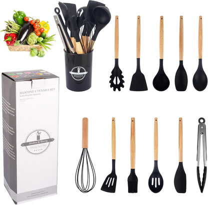 12-Pcs Silicone Cooking Utensils with Wooden Handle Set