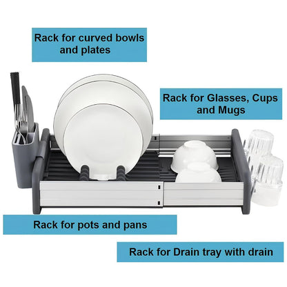 Extendable Stainless Steel Dish Rack with Cup & Cutlery Holders