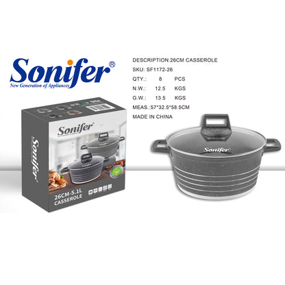 Sonifer 20/22/24/26/28/30/32/36cm Wear-Resistant Non-Stick Granite Casserole with Glass Lid SF-1172-Grey