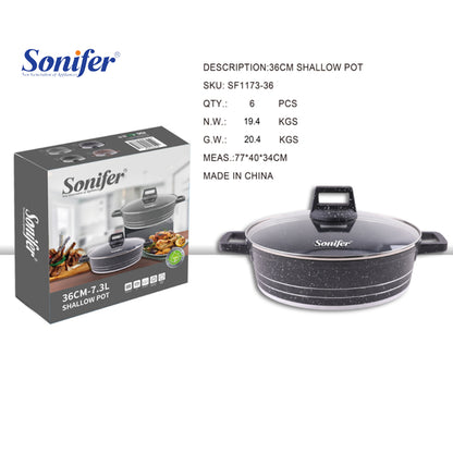 Sonifer 28/32/36/40cm Wear-Resistant Non-Stick Granite Shallow Pot with Glass Lid SF-1173 Black