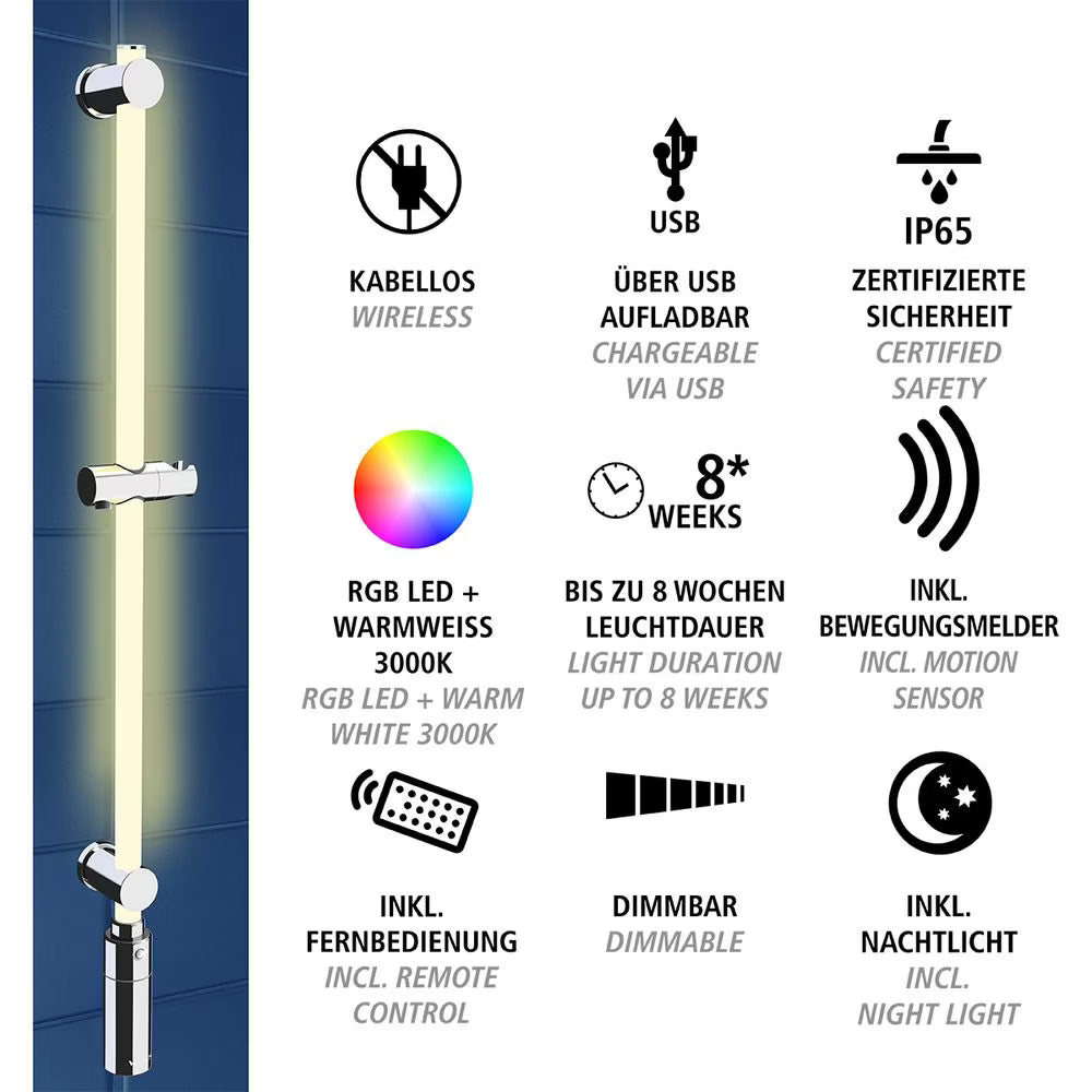 Wenko LED Shower Rail – Award-Winning RGB & Warm White Illuminated Rod with Remote
