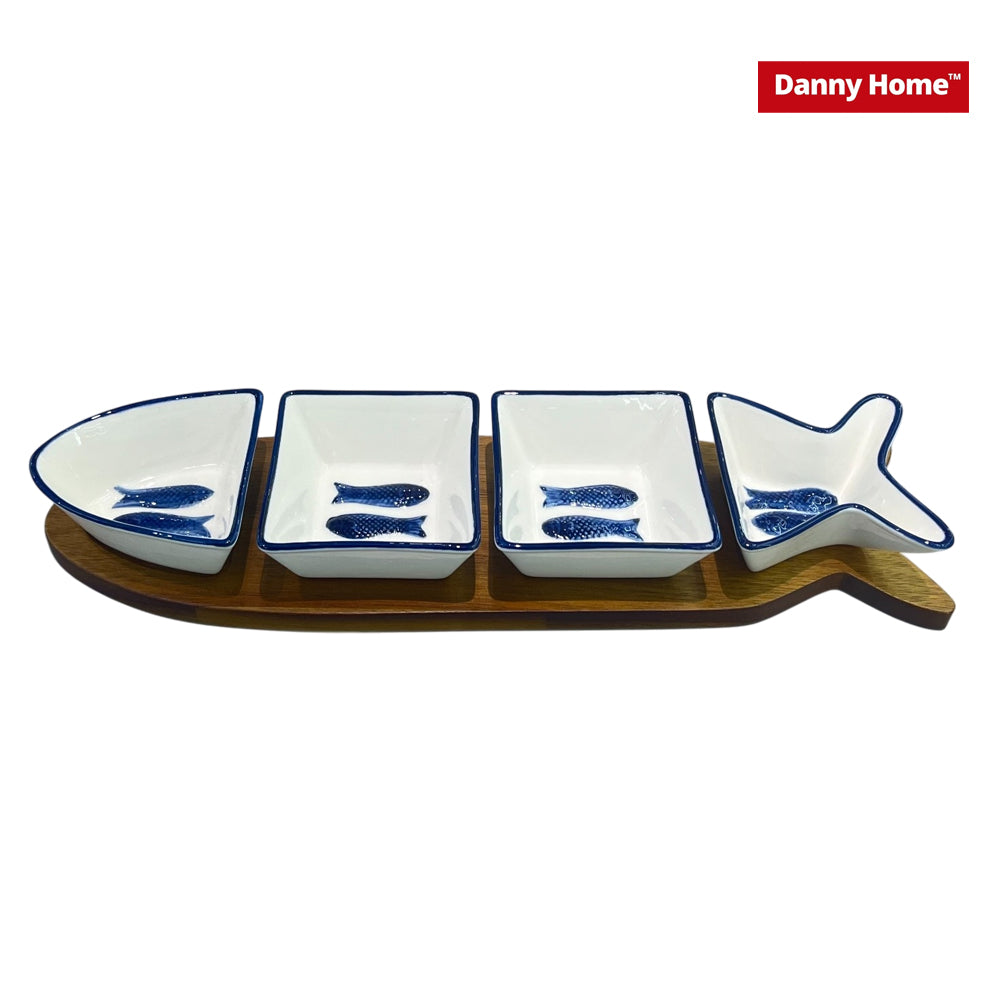 Danny Home Ceramic Snack Seasoning Bowl Holder on Acacia Board – 37cm