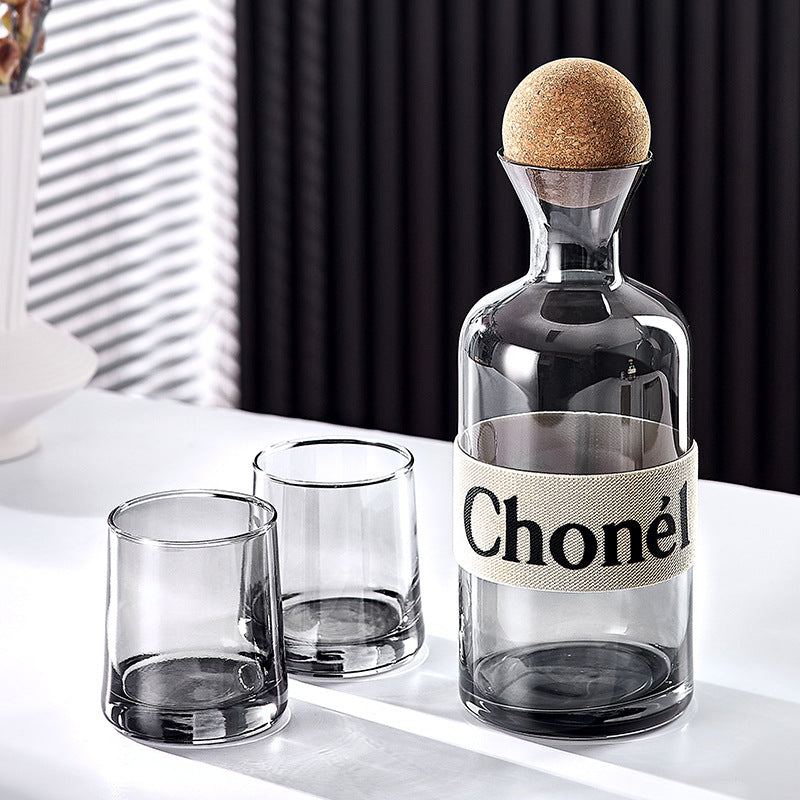 1.2L smoked Glass Bottle، Wooden ball Lid, 4 x 250ml Glass cups