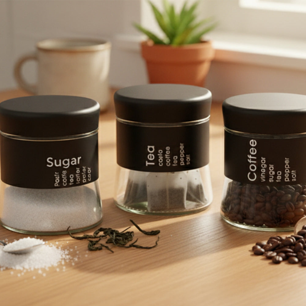 3-Pcs Stainless Steel With Glass Sugar Tea Coffee Canister Set Matte Black-400ml