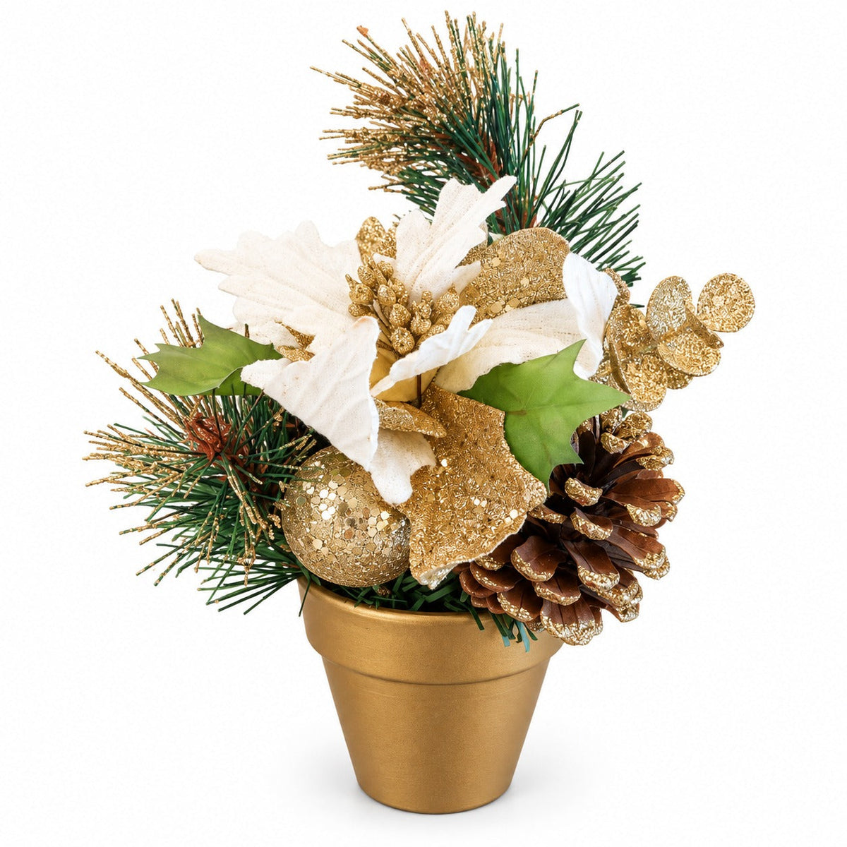 Migros Winter Christmas Poinsettia & Pinecone Arrangement – Gold or Silver, 23 cm