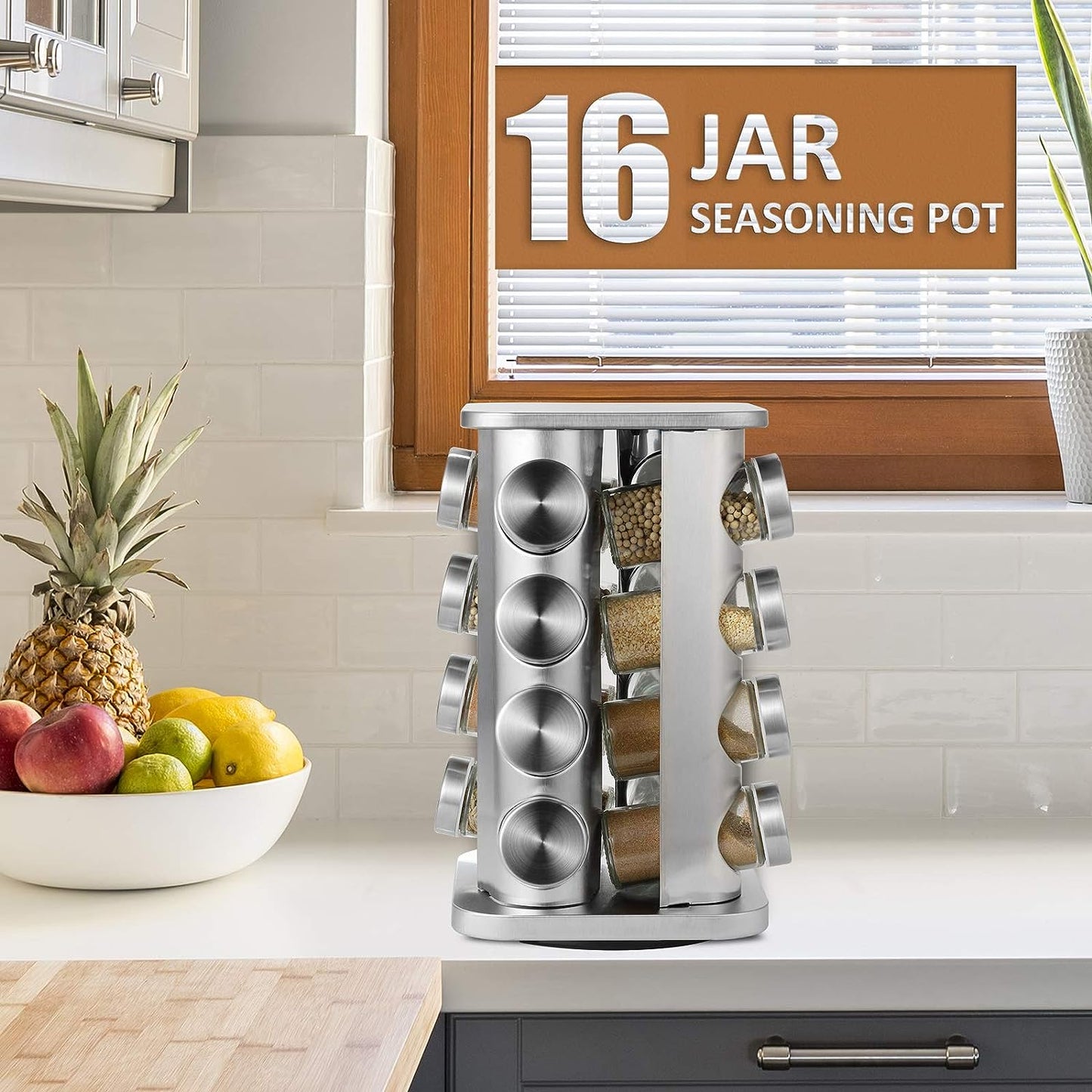 16-JARS 100ML Stainless Steel Rotating Seasoning Spice Jar Set