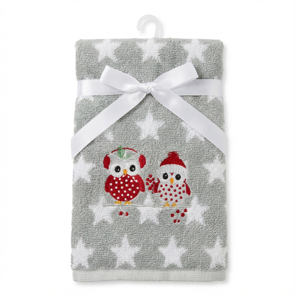 Holiday Elegance-Festive Owl Embroidered Hand Towel