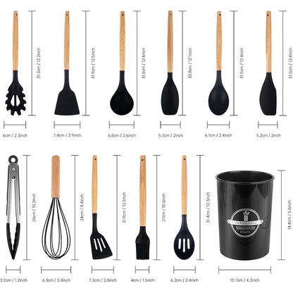 12-Pcs Silicone Cooking Utensils with Wooden Handle Set