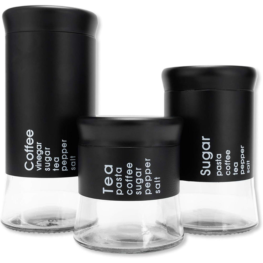 3-Pcs Stainless Steel With Glass Sugar Tea Coffee Canister Set Matte Black-390/590/840ml