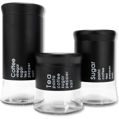 3-Pcs Stainless Steel With Glass Sugar Tea Coffee Canister Set Matte Black-390/590/840ml