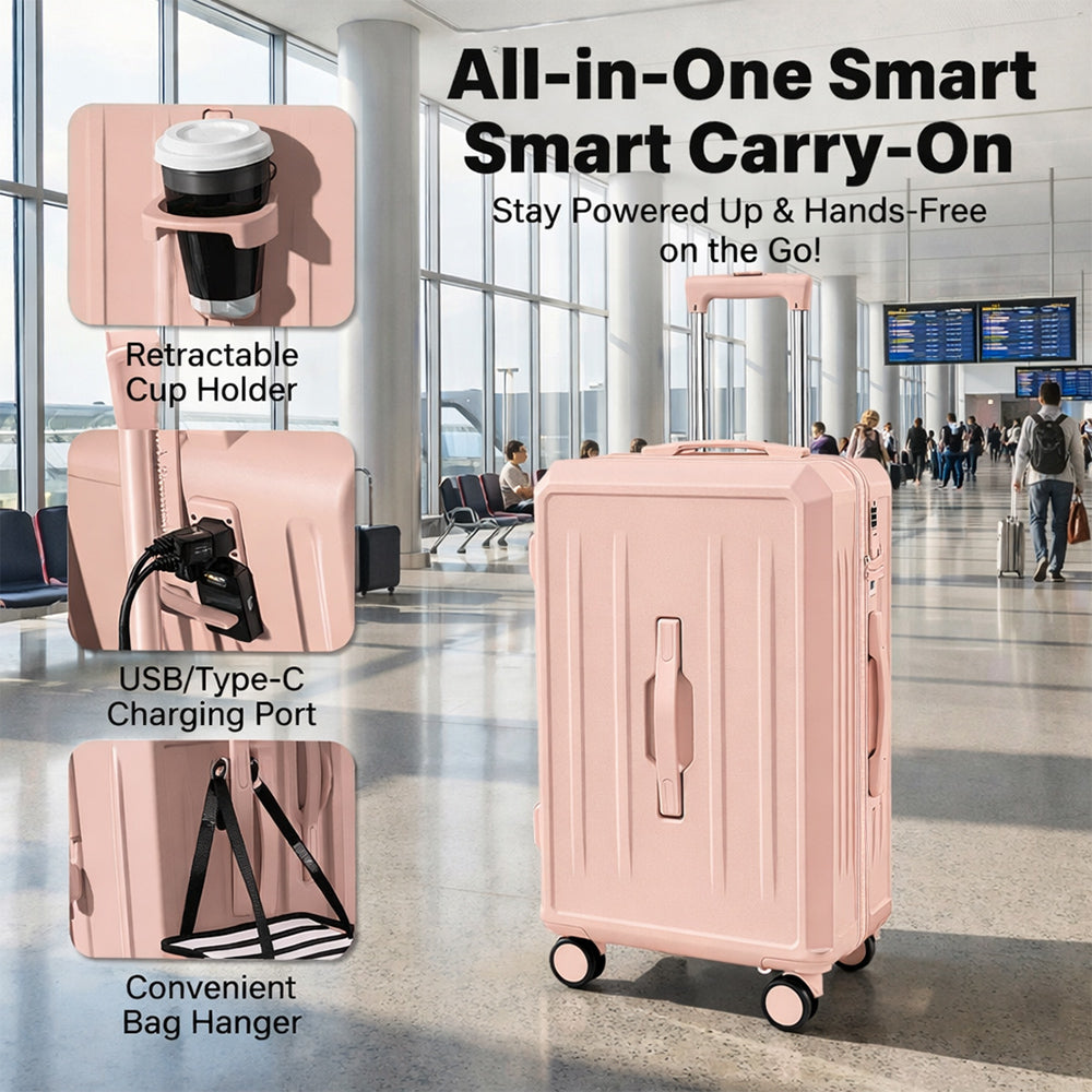 Carry-On Suitcase with USB Charging & Cup Holder (Pink)