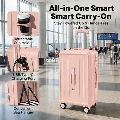 Carry-On Suitcase with USB Charging & Cup Holder (Pink)