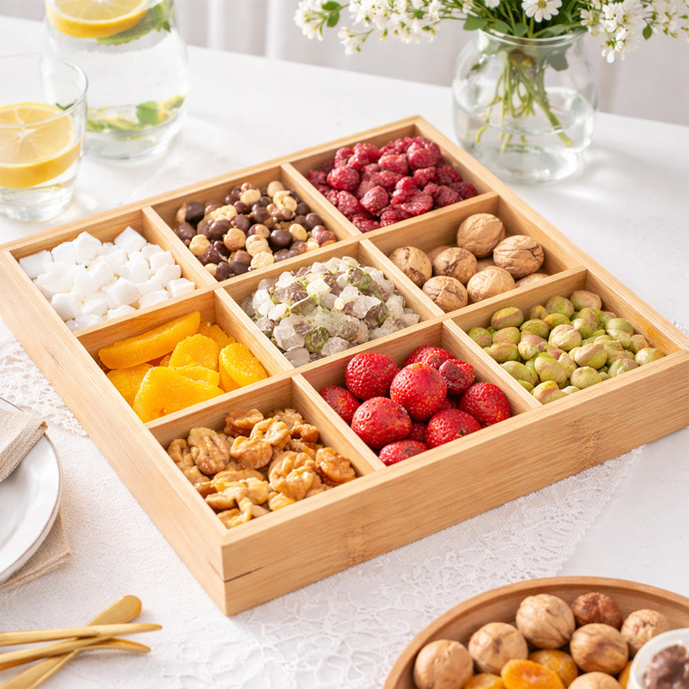 Bamboo Nuts Tray with Protective Lid – 9 Compartments