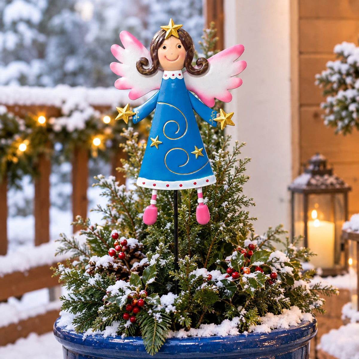 Christmas Angel Metal Garden Stake – Blue & Pink