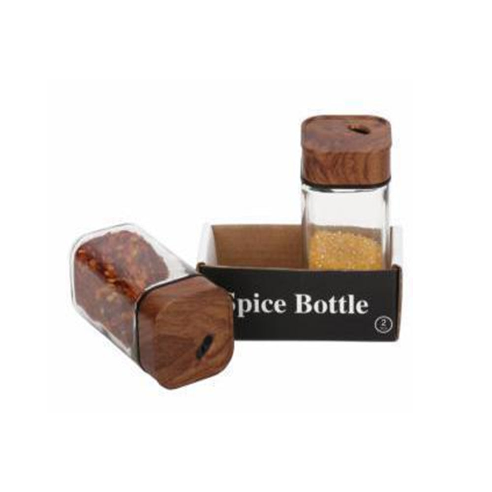 2-Pieces Glass Salt & Pepper Jar High Quality Plastic Lid-Wood Color 110ml