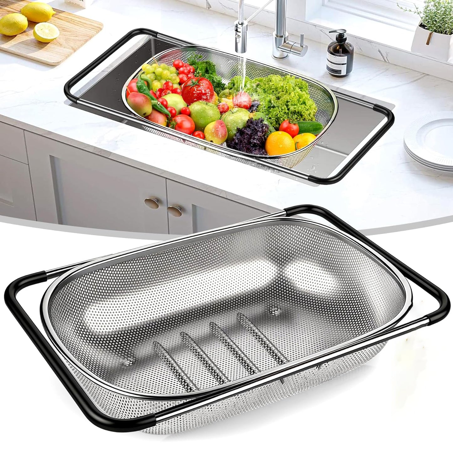 Over the Sink Stainless Steel Colander with Expandable Anti-slip Rubber Grip Handles