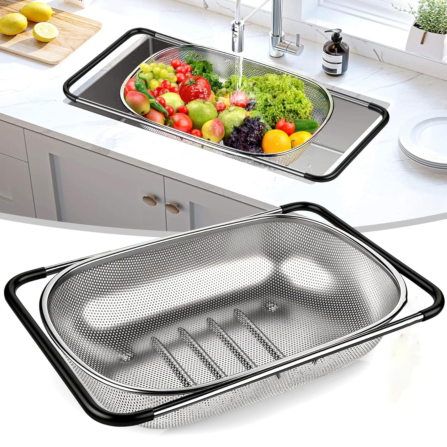Over the Sink Stainless Steel Colander with Expandable Anti-slip Rubber Grip Handles