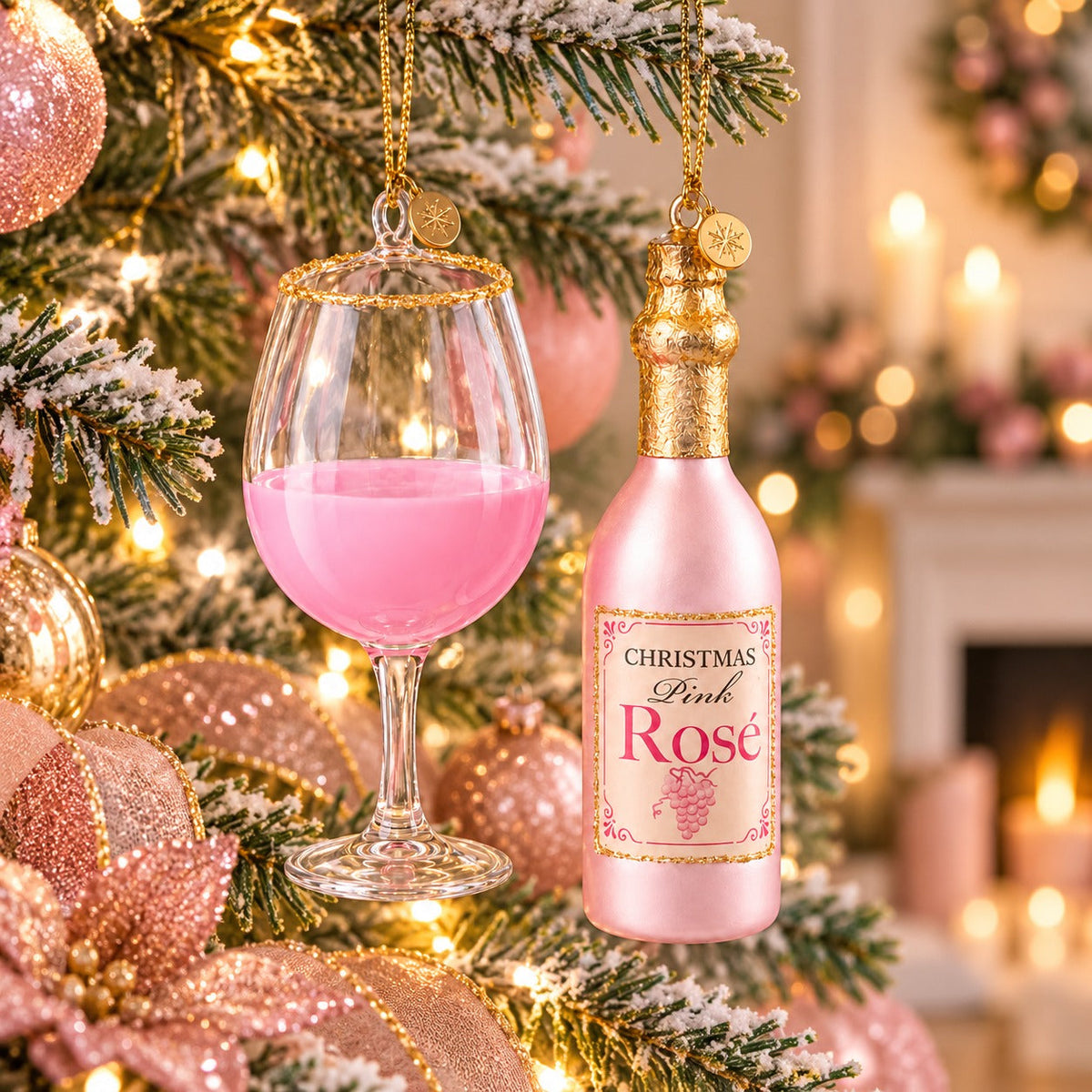 Alpine Lodge Christmas Wine Ornament Set – Pink Rosé / Red Wine