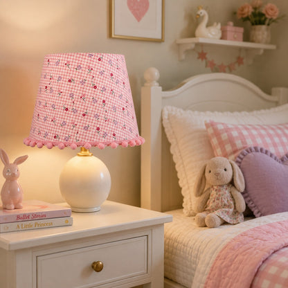 Micasa Gingham Fabric Lampshade with Pom-Pom Trim