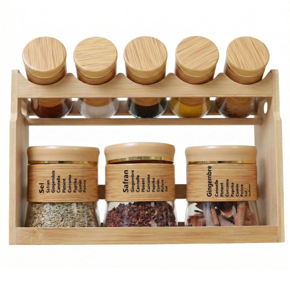 Bamboo Spice Rack Set with 8 Glass Jars Plastic Lid – 400/100ml #CB-TWJ34