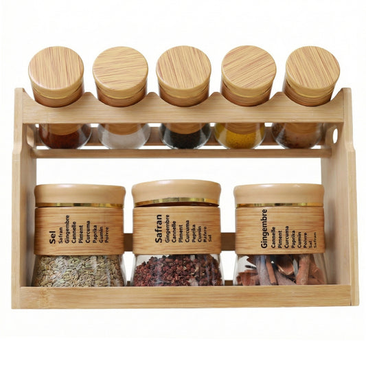 Bamboo Spice Rack Set with 8 Glass Jars Plastic Lid – 400/100ml #CB-TWJ34