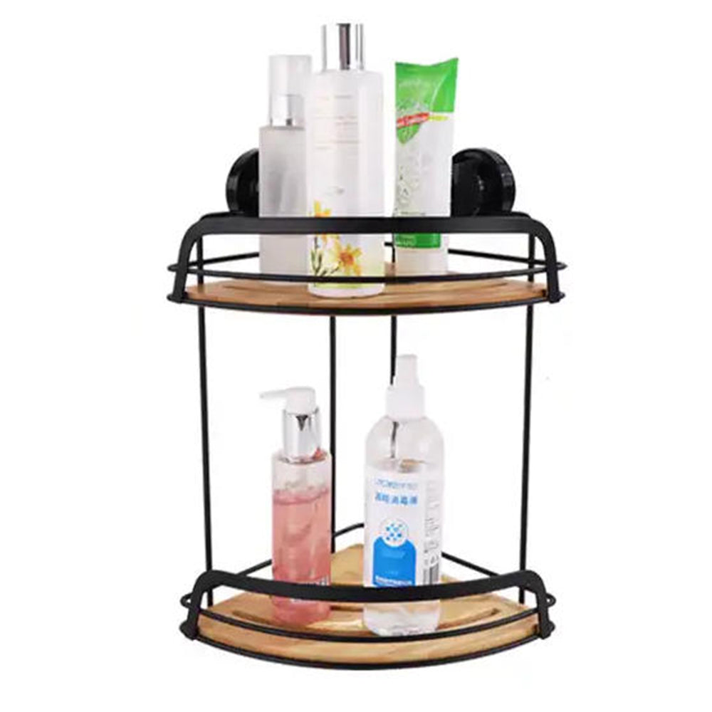 Corner Bath & Kitchen Shelf Suction Cups Metal With Bamboo 37x18cm