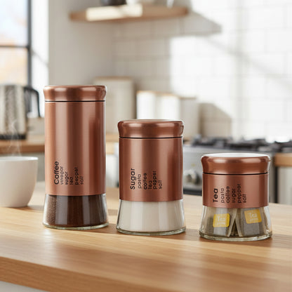 3-Pcs Stainless Steel With Glass Sugar Tea Coffee Canister Set Bronze-390/590/840ml