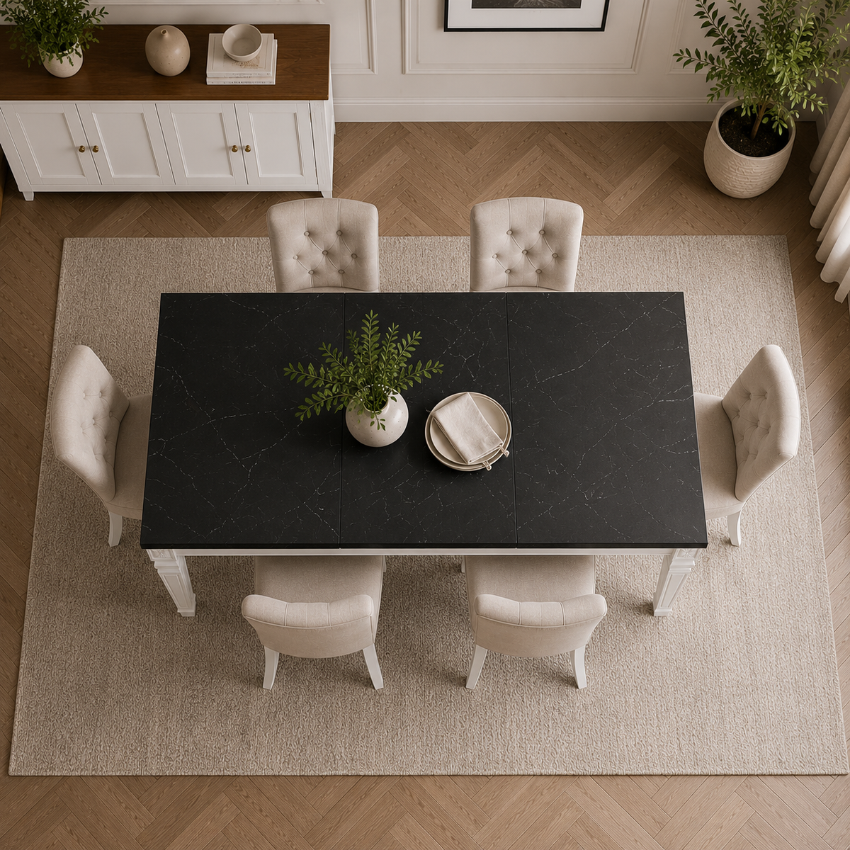 Minsk White & Black Marble-Look Extendable Dining Table
