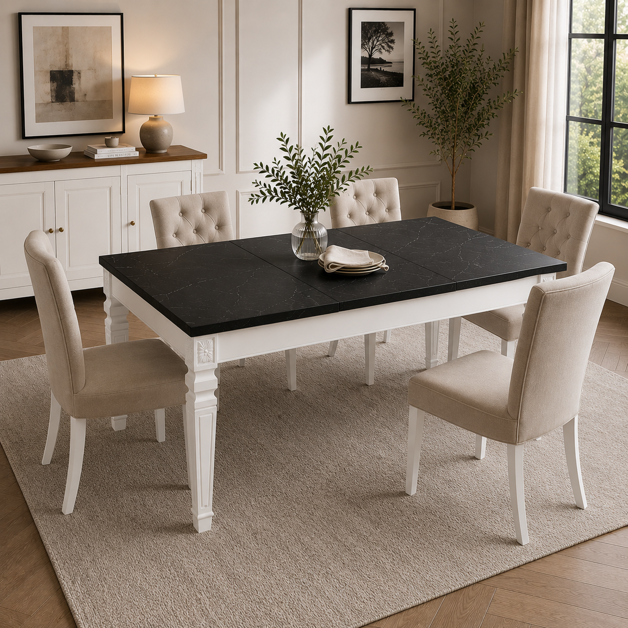 Minsk White & Black Marble-Look Extendable Dining Table