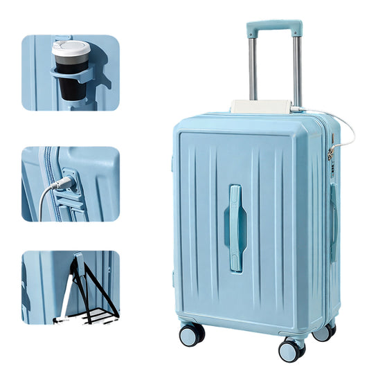Carry-On Suitcase with USB Charging & Cup Holder (Blue)