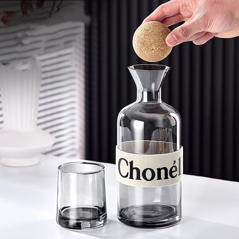 1.2L smoked Glass Bottle، Wooden ball Lid, 4 x 250ml Glass cups