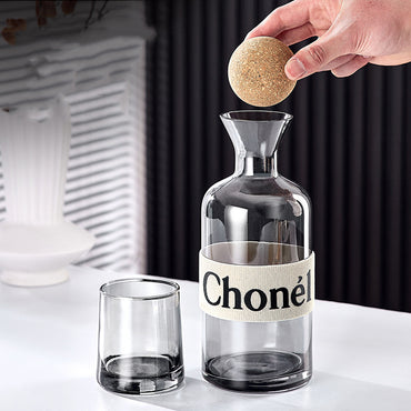 1.2L smoked Glass Bottle، Wooden ball Lid, 4 x 250ml Glass cups