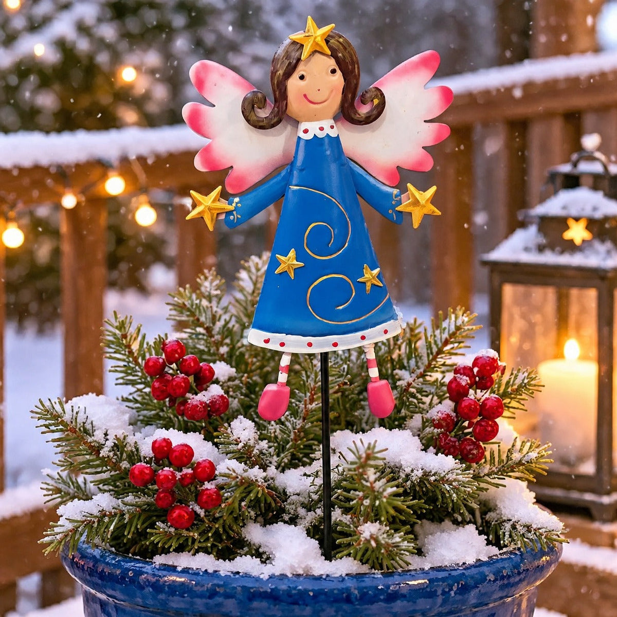 Christmas Angel Metal Garden Stake – Blue & Pink