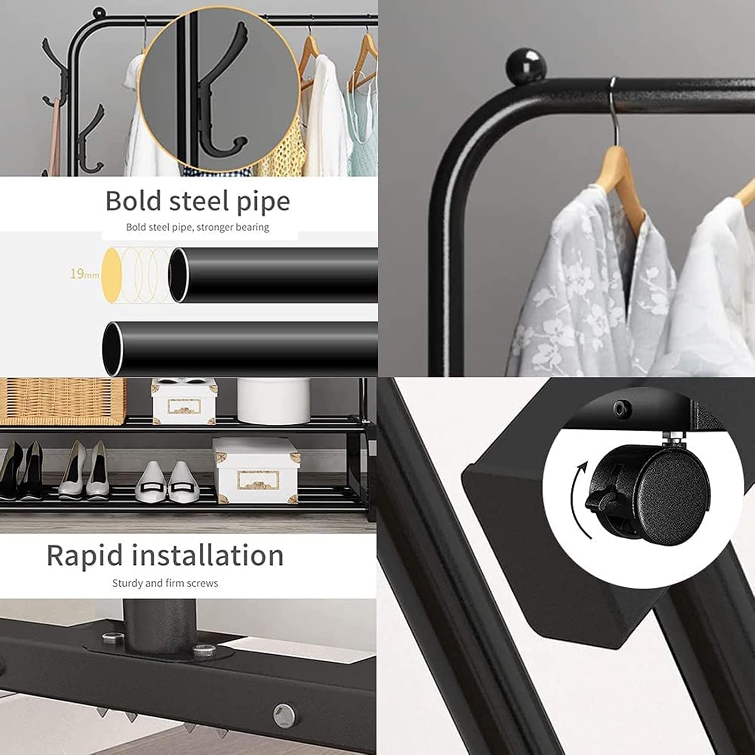 2-in-1 Modern Wheeled Garment Rack with 3-Tier Storage Shelf Hold 68KG (H110 x D57 x W150)cm
