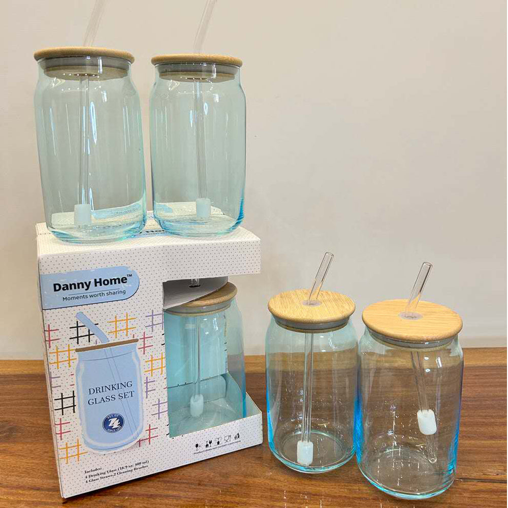 Danny Home Matcha 4-Pcs  Glass Cup With Straw 480-ml