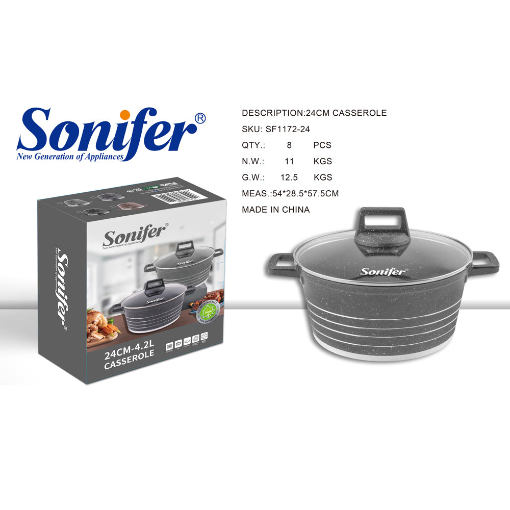 Sonifer 20/22/24/26/28/30/32/36cm Wear-Resistant Non-Stick Granite Casserole with Glass Lid SF-1172-Grey