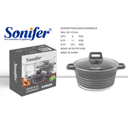 Sonifer 20/22/24/26/28/30/32/36cm Wear-Resistant Non-Stick Granite Casserole with Glass Lid SF-1172-Grey