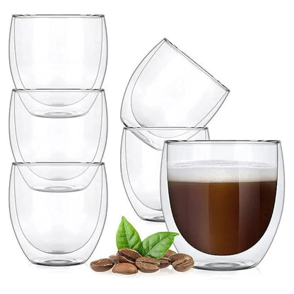 6-Pcs Double Wall Borosilicate Glass Espresso Cup Set Heat-resistant 80ml