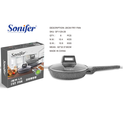Sonifer 20/22/24/26/28/30/32cm  Wear-Resistant Non-Stick Granite Fry Pan With Glass Lid SF-1129 Grey