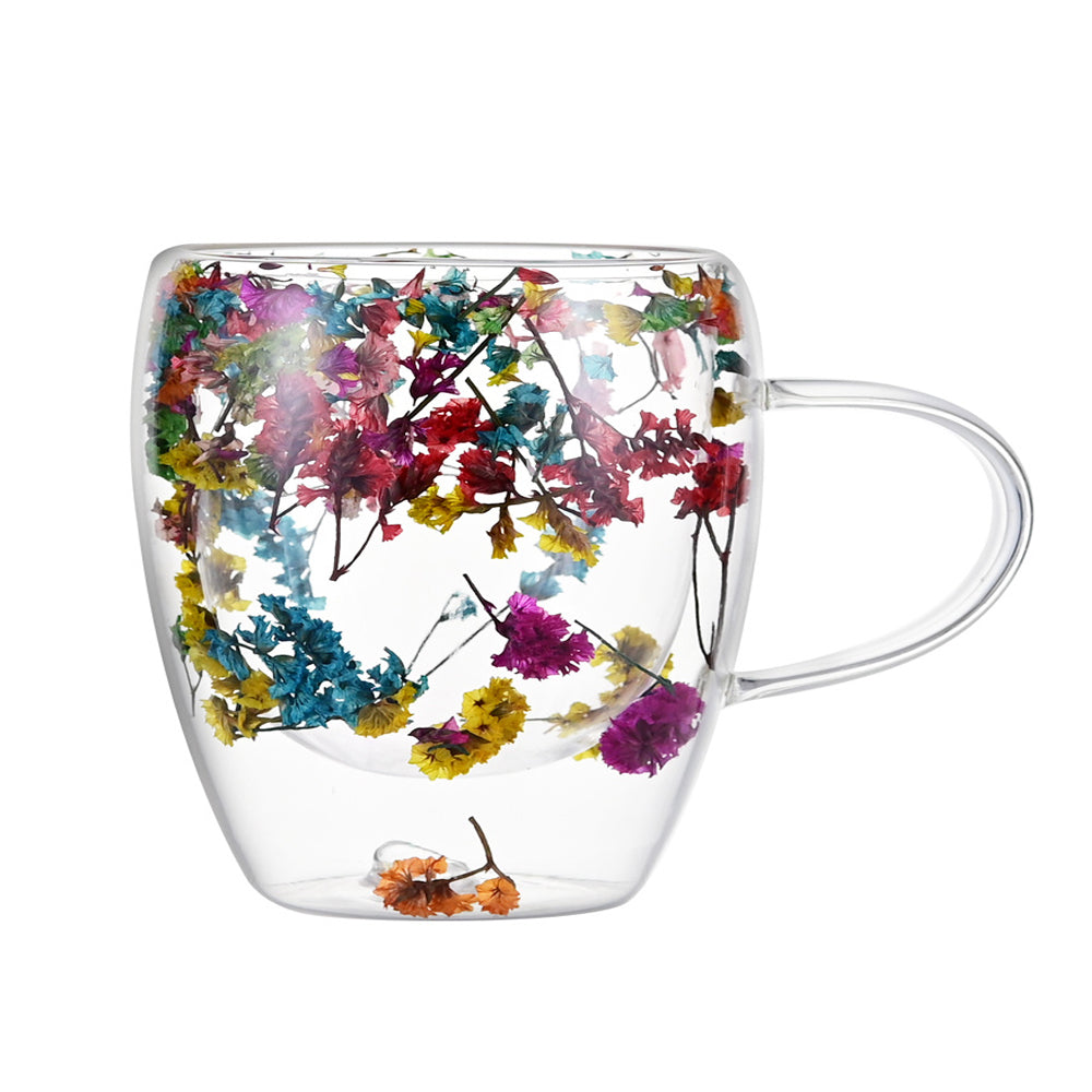 Dried Flowers Double Wall Clear Glass Coffee Mugs – 250ml