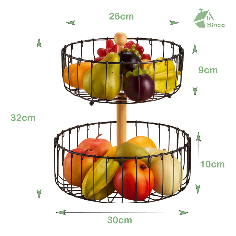 Binca 2-Tier Fruit & Vegetable Table Basket with Wooden Handle