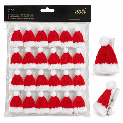 Noël Santa Hat Advent Clips – Set of 24