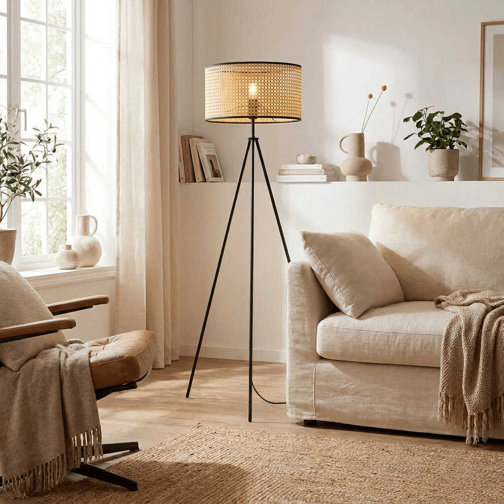 Nino Germany Lu Vintage Rattan Weave Tripod Floor Lamp