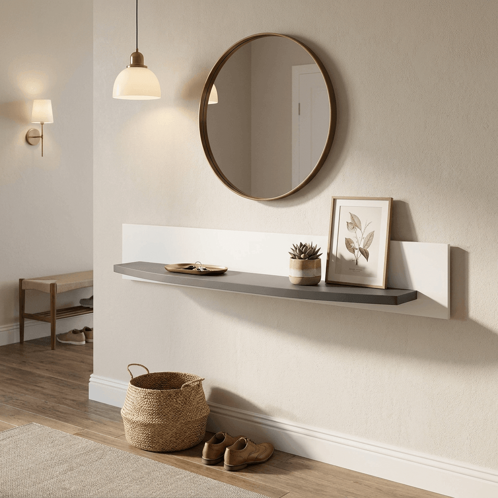Curved Floating Wall Shelf with White Back Panel and Gray Display Ledge