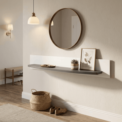 Curved Floating Wall Shelf with White Back Panel and Gray Display Ledge