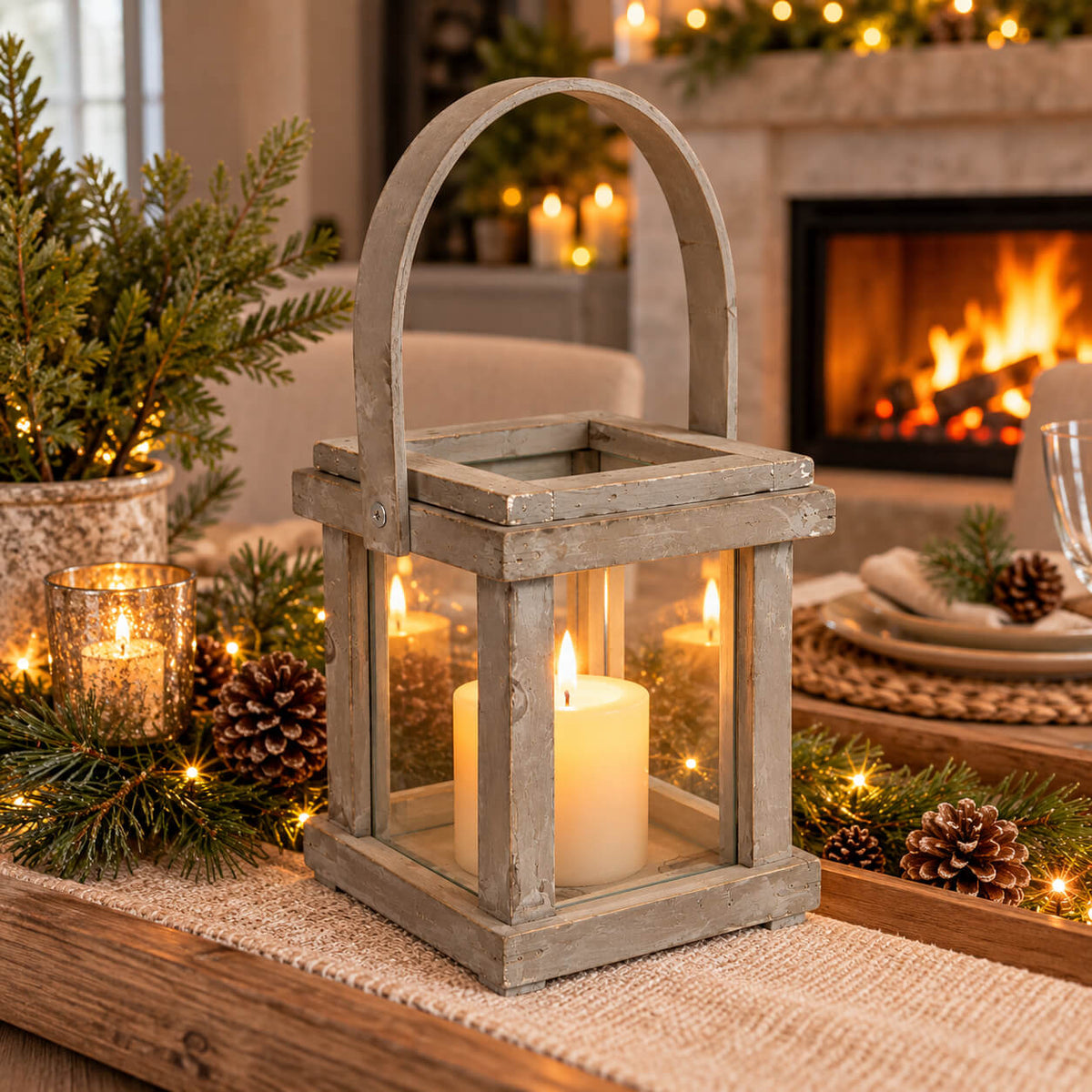 Natural Collections Rustic Wooden Lantern with Glass Panels – 17.5 cm