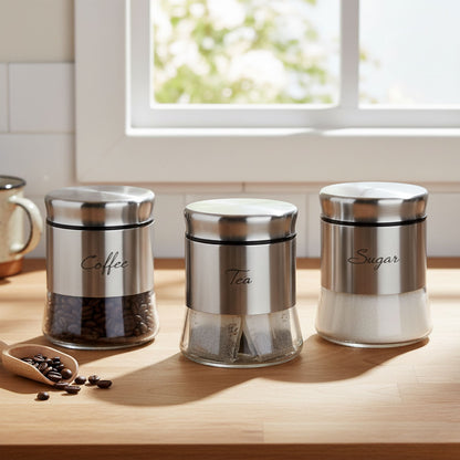 3-Pcs Stainless Steel With Glass Sugar Tea Coffee Canister Set Matte Sileve-400ml