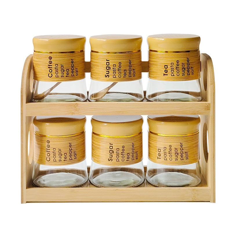 Bamboo Spice Rack Set with 6 Glass Jars Plastic Lid – 400ml #CB-TWJ45
