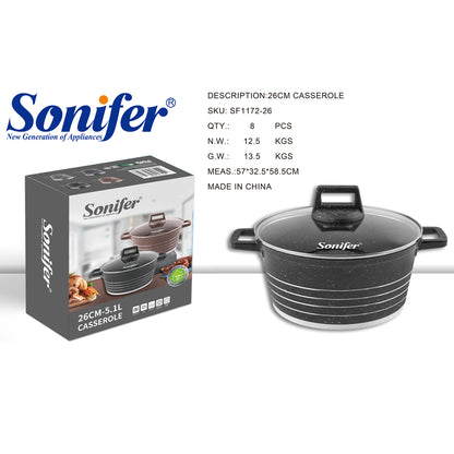 Sonifer 20/22/24/26/28/30/32/36cm Wear-Resistant Non-Stick Granite Casserole with Glass Lid SF-1172-Black