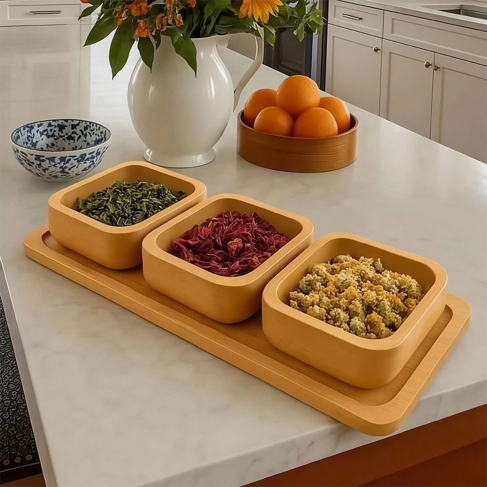 Bamboo 3 bowls and 1 serving tray Square